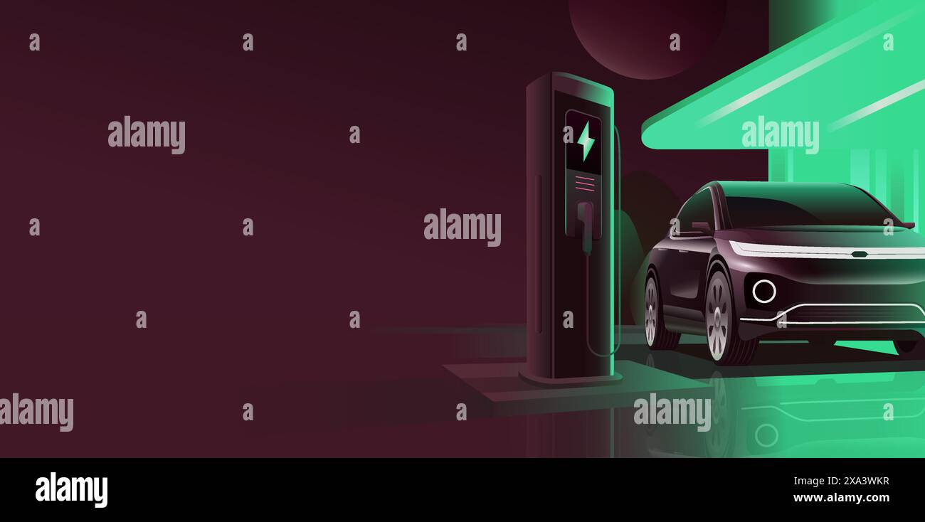 Station de charge EV pour voiture électrique en concept de station de charge électrique vectorielle verte et réaliste, d'énergie renouvelable et d'énergie écologique produite à partir de Illustration de Vecteur