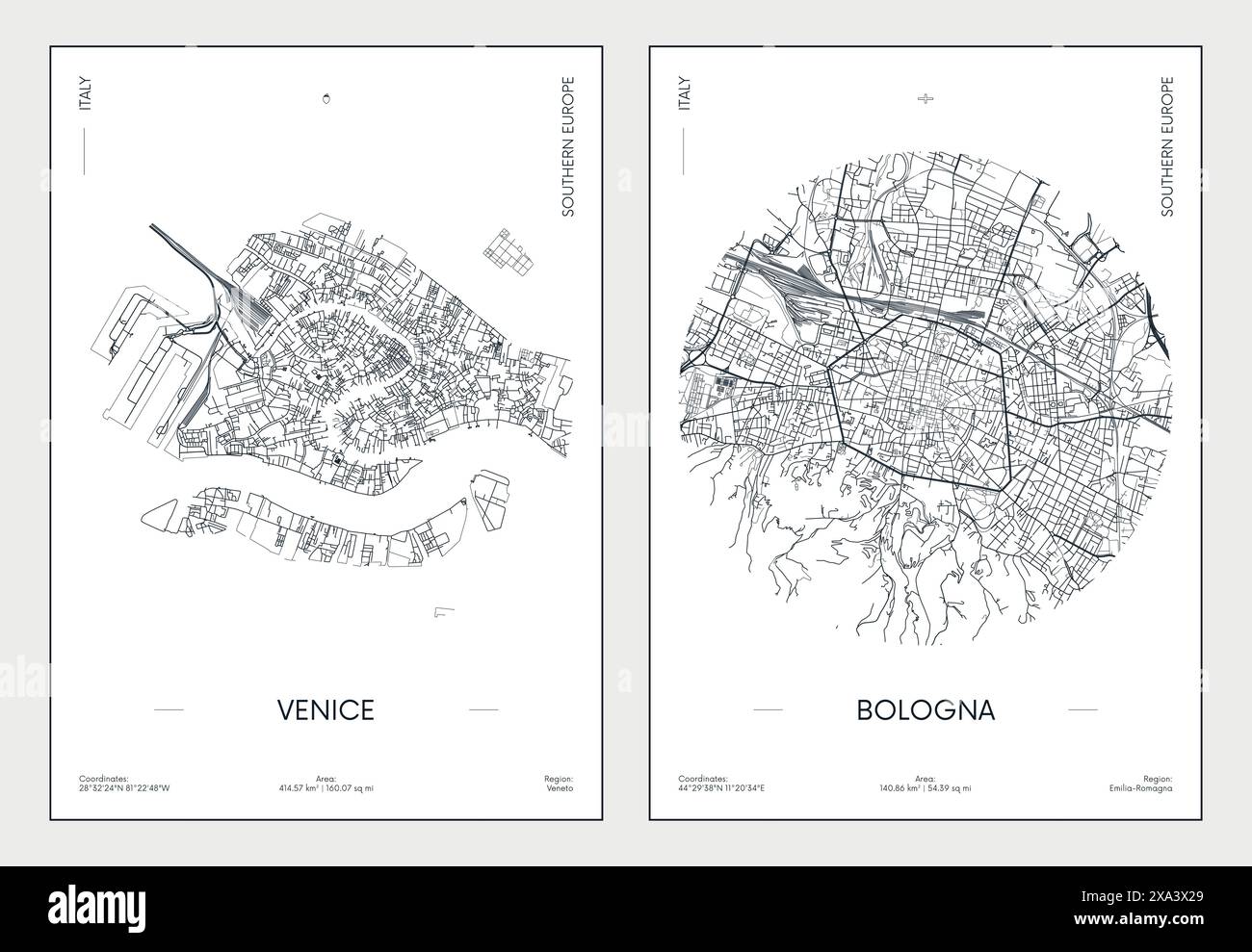 Affiche de voyage, plan de rue urbain carte de la ville Venise et Bologne, illustration vectorielle Illustration de Vecteur