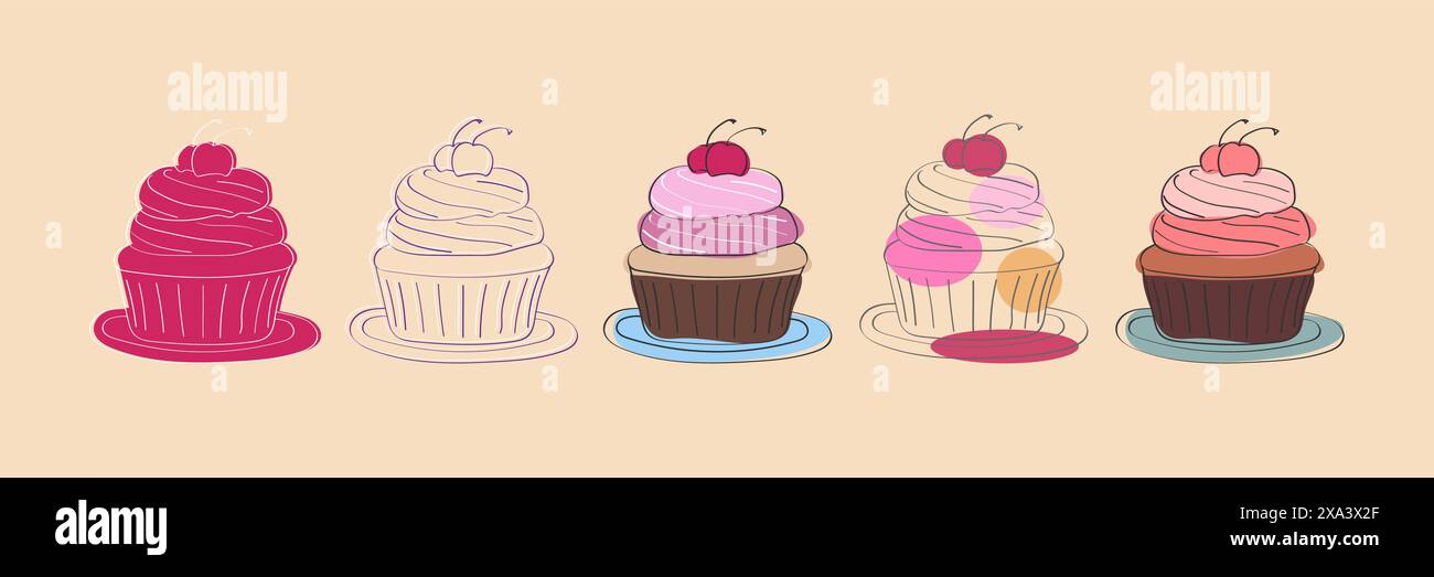 Une illustration représentant cinq cupcakes disposés en rangée. Chaque cupcake a une cerise sur le dessus et est assis sur une assiette. Les cupcakes sont tous des couleurs et des designs différents. Illustration de Vecteur