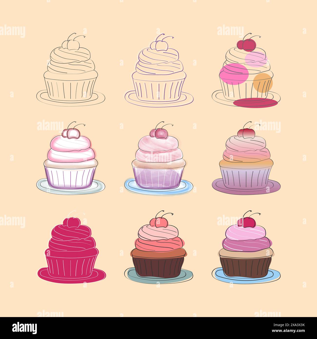 Une illustration numérique avec neuf cupcakes avec des cerises sur le dessus. Chaque cupcake est dans une étape différente d'achèvement, d'un contour simple à entièrement coloré Illustration de Vecteur