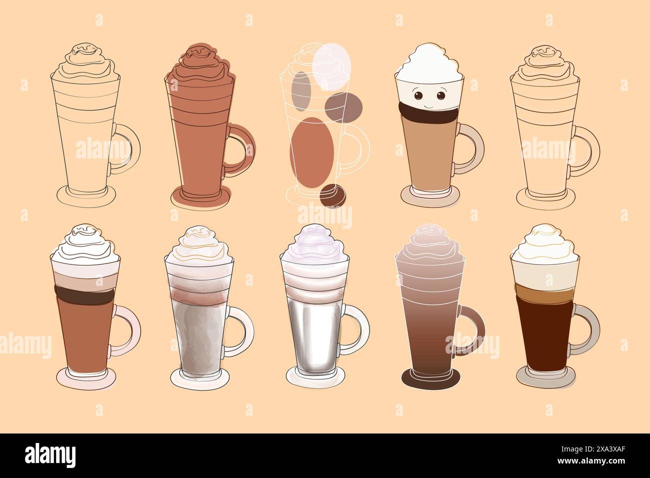 Cette illustration présente un ensemble de dix boissons différentes à base de café et de crème fouettée. Chaque boisson est unique à sa manière, présentant une variété de saveurs et de styles Illustration de Vecteur