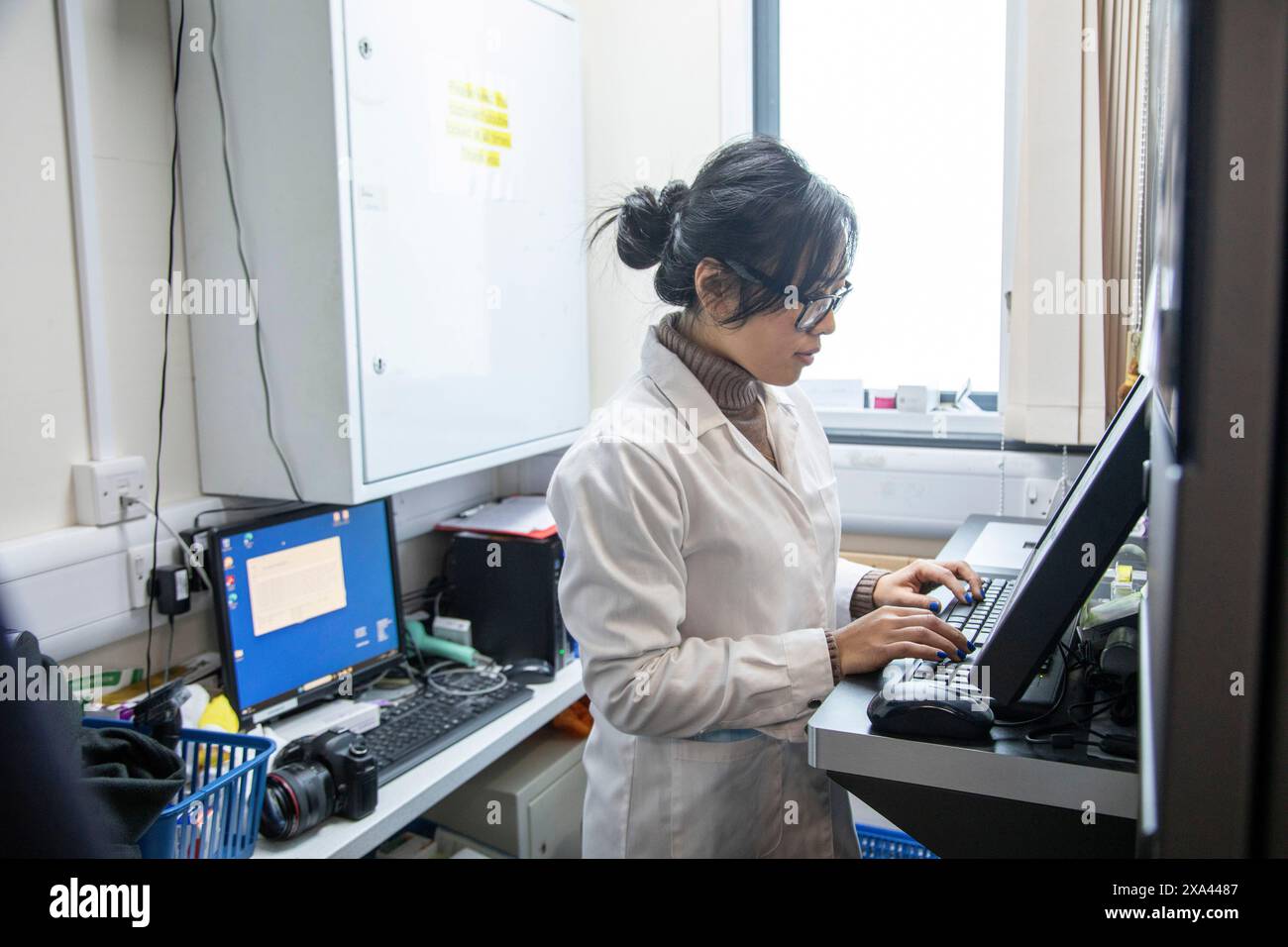 Scientifique travaillant à l'ordinateur dans le laboratoire d'un cabinet médical, Royaume-Uni Banque D'Images