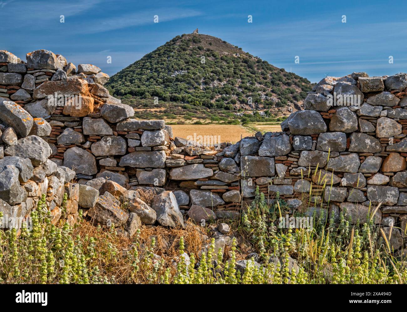 Ruines de la ferme médiévale Kontostavlos, près du lac Dystos et vestiges de la petite forteresse vénitienne sur la colline avec les ruines de l'ancienne Dystos, île d'Evia, Grèce Banque D'Images
