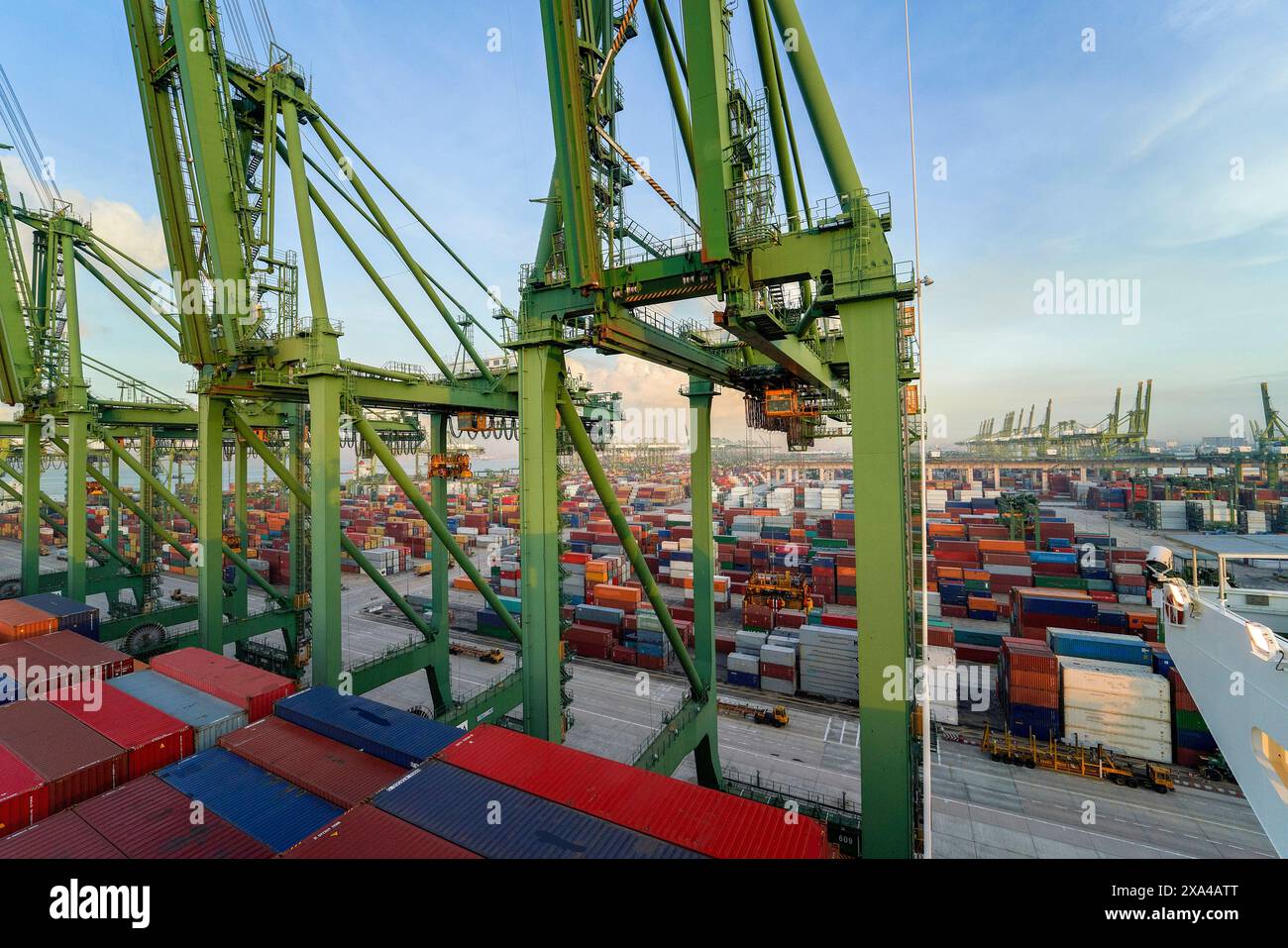 L'image montre un port à conteneurs animé au crépuscule, avec plusieurs grandes grues s'élevant sur des rangées de conteneurs d'expédition colorés soigneusement empilés, en attente de transport sous un ciel vaste et partiellement nuageux. Banque D'Images