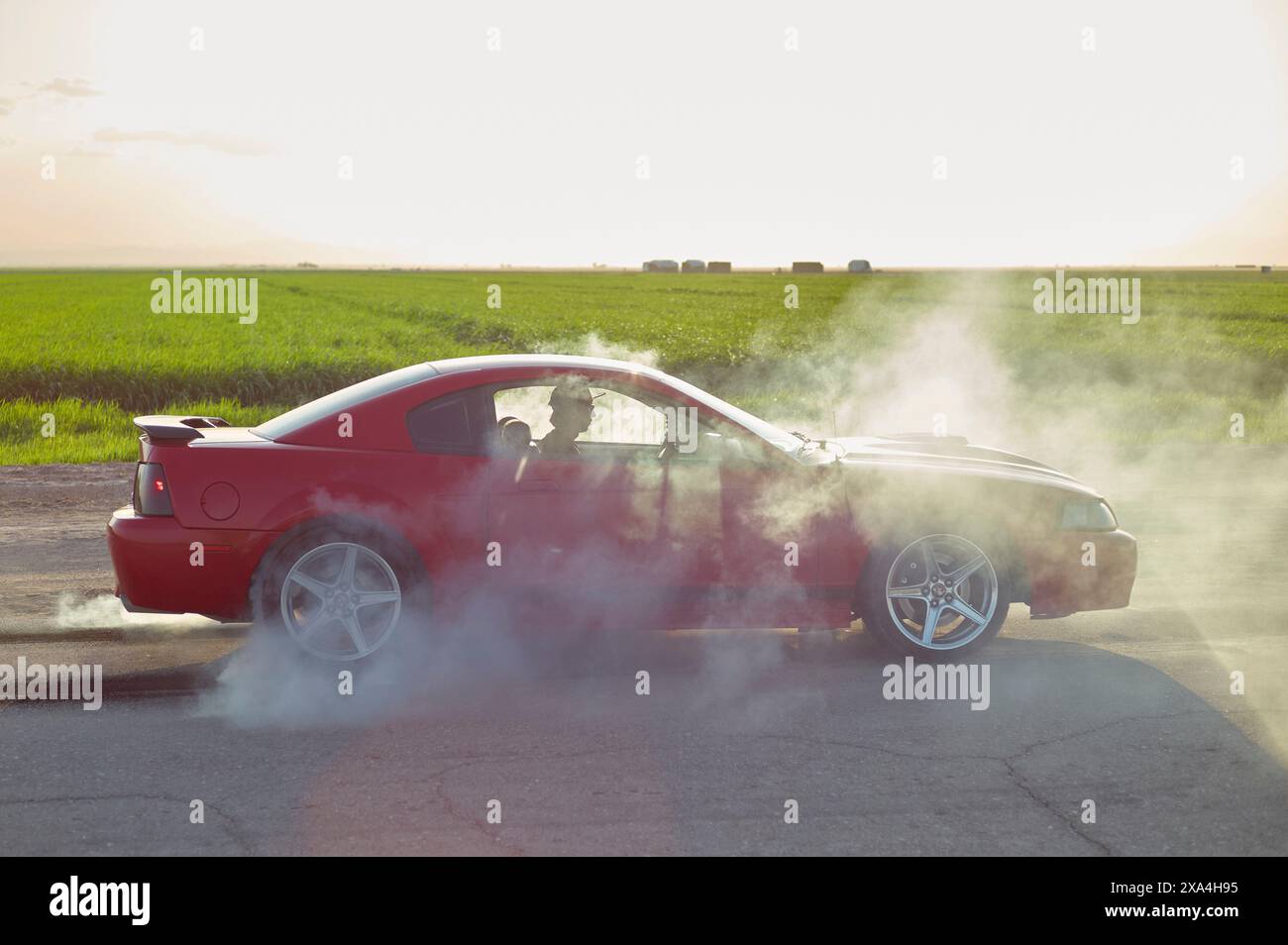 Une voiture de sport rouge effectue un burnout brûlant de pneu sur une route asphaltée avec des champs verts et un ciel brumeux en arrière-plan. Banque D'Images