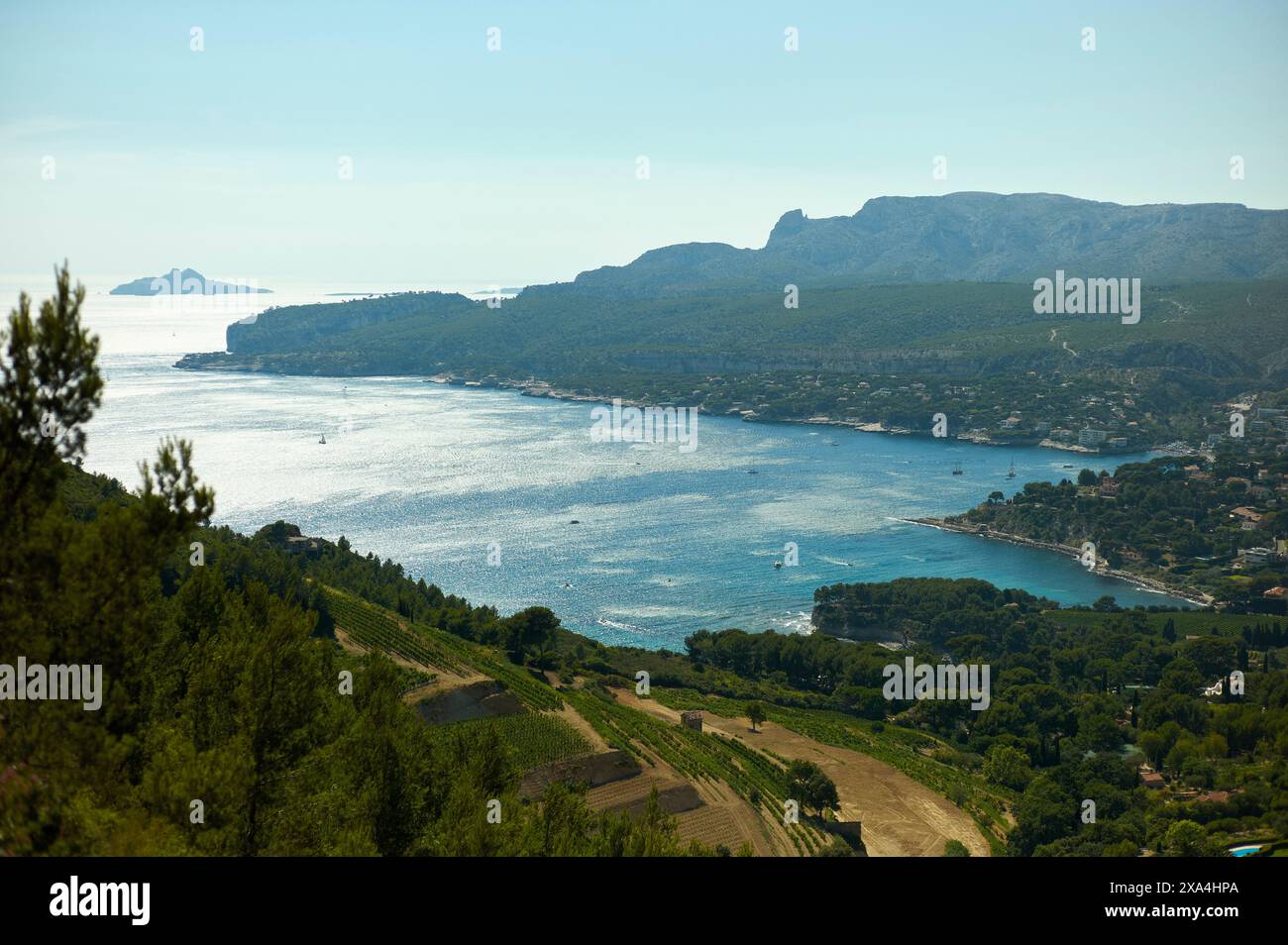 Une vue panoramique sur un paysage côtier avec une vaste mer bleue, une verdure luxuriante et un terrain montagneux en arrière-plan sous un ciel dégagé. Banque D'Images
