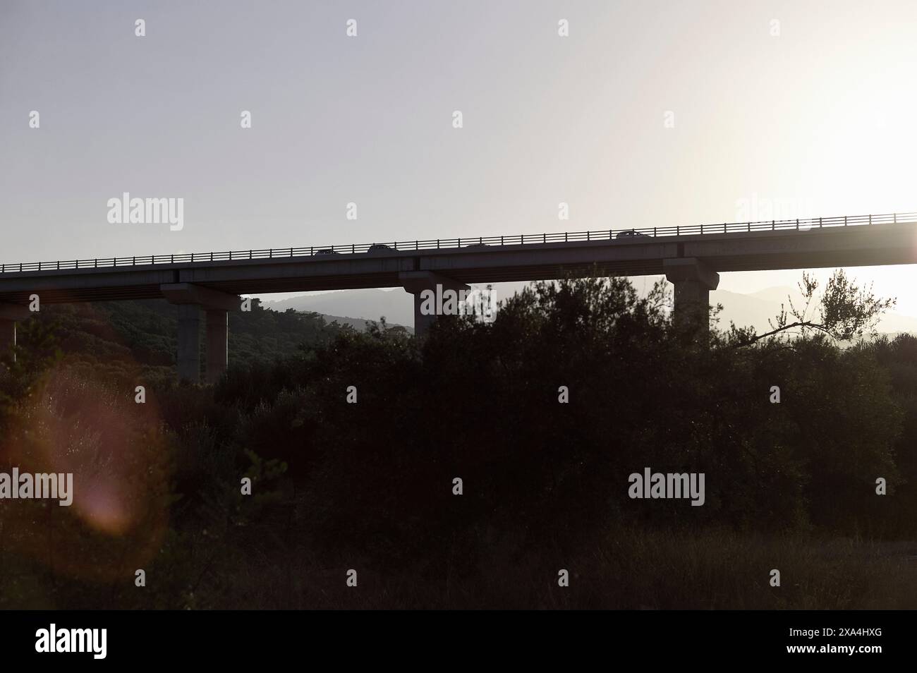 Un pont traverse le cadre au milieu d'un paysage naturel, éclairé par la douce lumière du coucher ou du lever du soleil. Banque D'Images