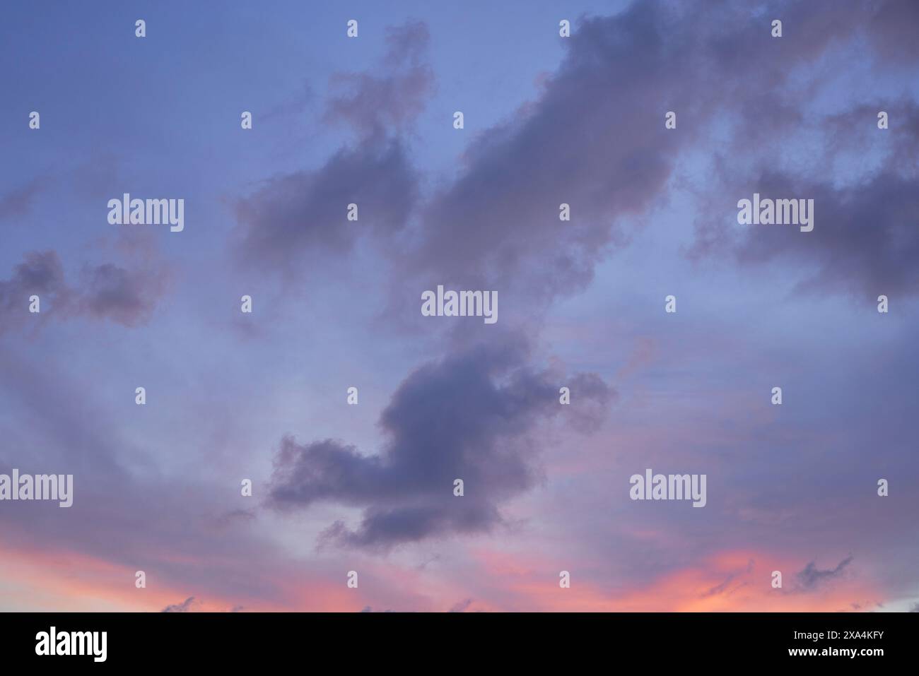 L'image montre un ciel crépusculaire serein avec des teintes roses et violettes douces accentuées par des nuages sombres et sinueux. Banque D'Images