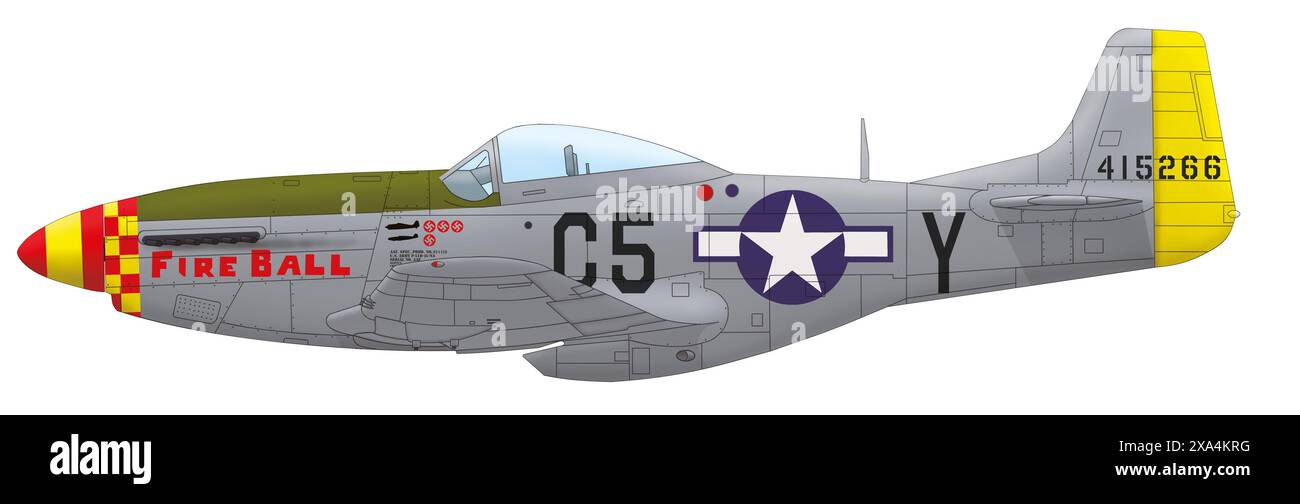 North American P-51D Mustang (44-15266, boule de feu) piloté par Raymond Bank du 364th Fighter Squadron du 357th Fighter Group, janvier 1945 Banque D'Images