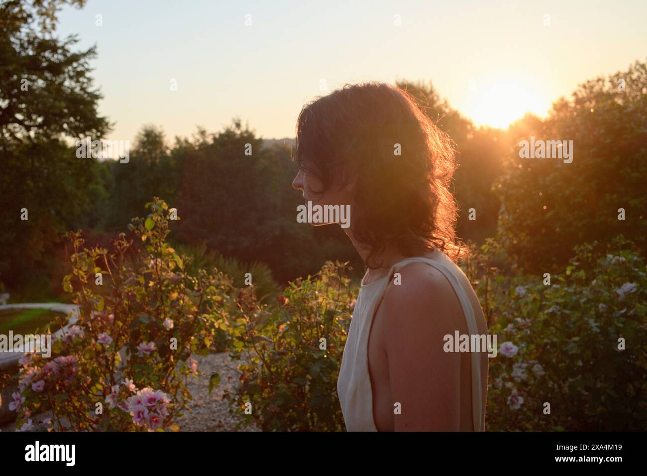 Une femme est debout dans un jardin au coucher du soleil, la lumière chaude projette une douce lueur sur son profil avec des fleurs en fleurs et de la verdure en arrière-plan. Banque D'Images