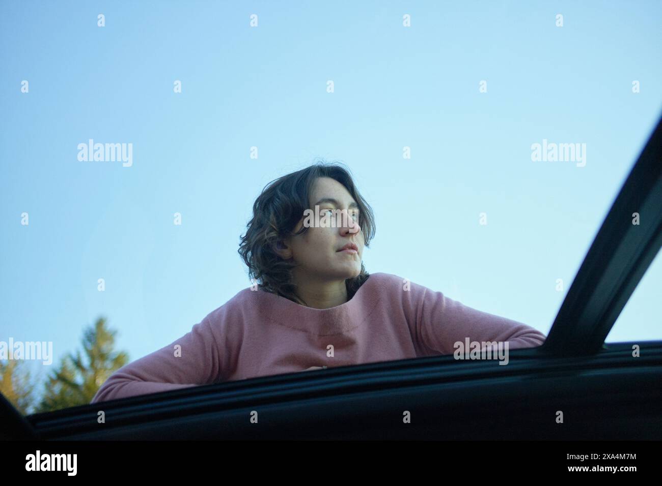 Une personne regarde contemplativement hors d'un toit ouvrant de voiture sous un ciel bleu clair avec des arbres en arrière-plan. Banque D'Images