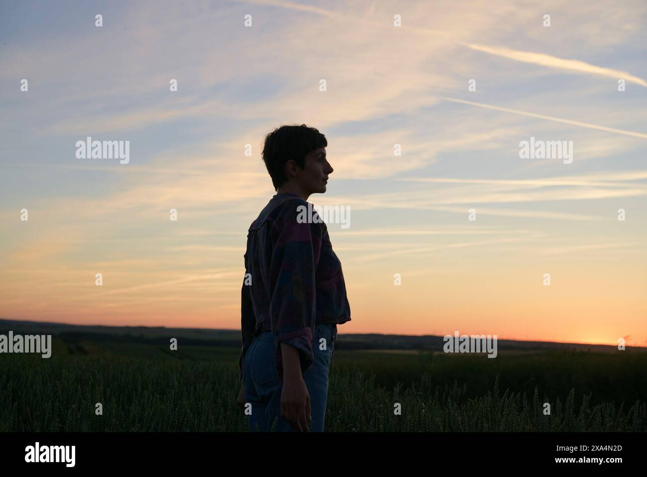 Une vue de profil d'une personne debout dans un champ au coucher du soleil, avec la ligne d'horizon et le ciel coloré en arrière-plan. Banque D'Images