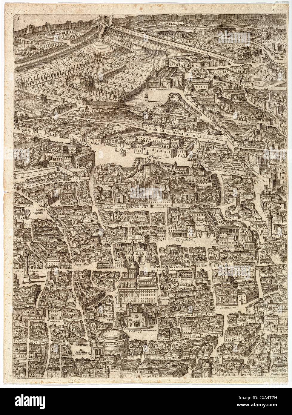 Plan de la ville de Rome. La Santa Maria Maggiore, le Panthéon et la colonne de Trajan par Antonio Tempesta en 1645 Banque D'Images