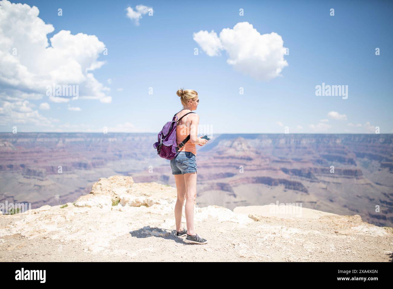 Femme debout sur le bord du Grand Canyon, regardant au-dessus du vaste paysage par une journée ensoleillée avec ciel bleu et nuages au-dessus. Banque D'Images