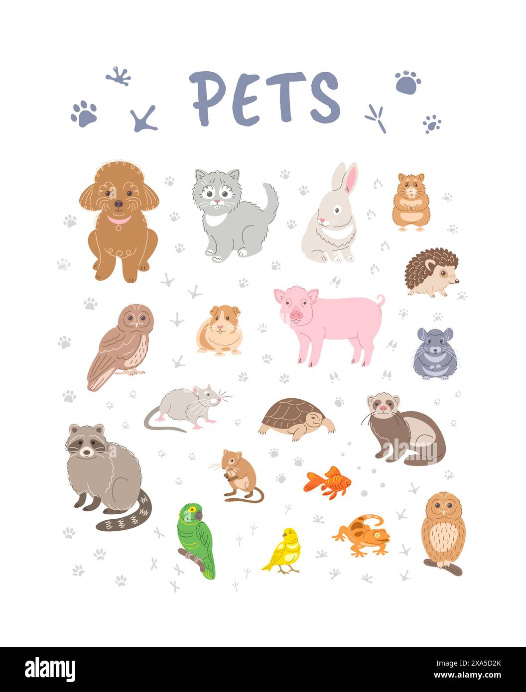 Animaux de compagnie griffonner des personnages dessinés à la main. Animaux adorables souriants mignons dans un style de bande dessinée linéaire. Chien, chat, lapin, hamster, rat, perroquet, canari, cobaye, g Illustration de Vecteur