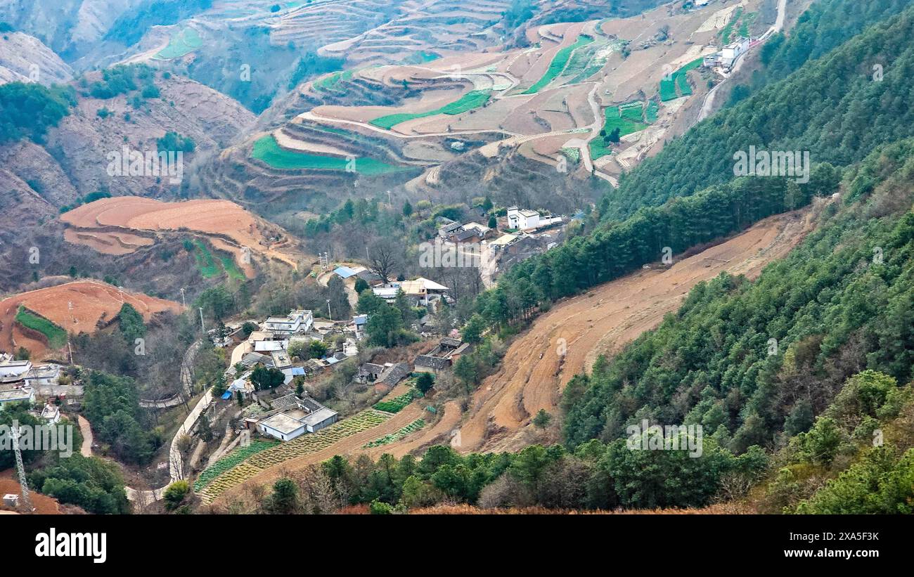 Vue aérienne de Damakan dans le district de Dongchuan, ville de Kunming, Yunnan, Chine Banque D'Images
