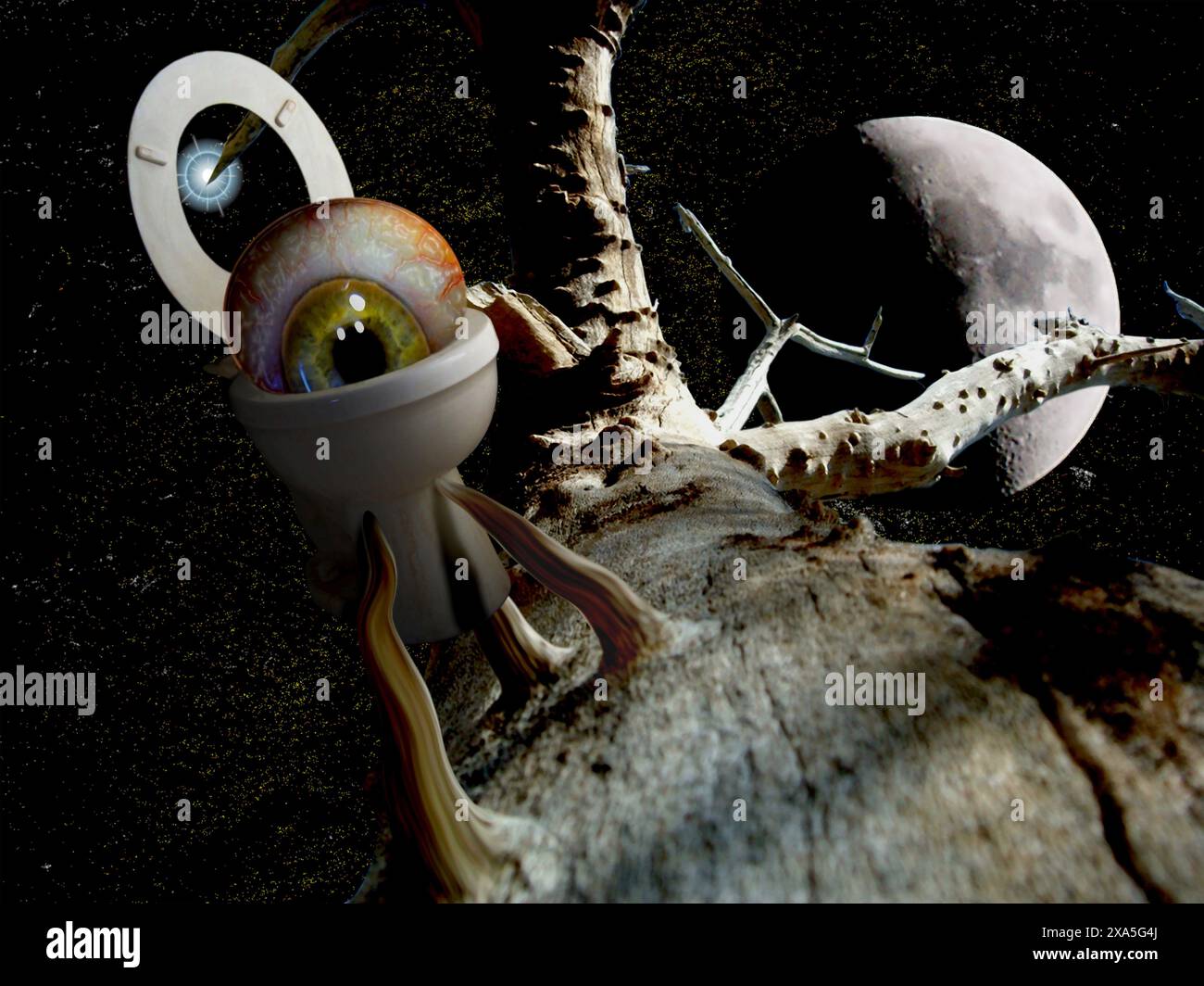 Créée à l'origine en 2005, la peinture à l'aérographe numérique dans le genre du surréalisme montrant un œil sortant d'une toilette flottant dans l'espace avec le Moo Banque D'Images