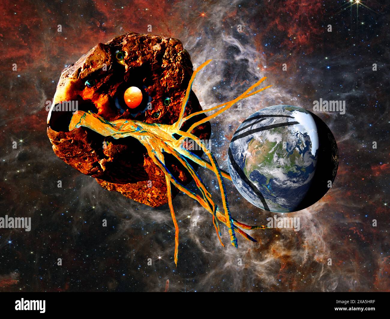 Créé à l'origine en 2005, la représentation de science-fiction d'une créature spatiale géante sur le point de dévorer la Terre. Monster est peint numériquement. Arrière-plan an Banque D'Images
