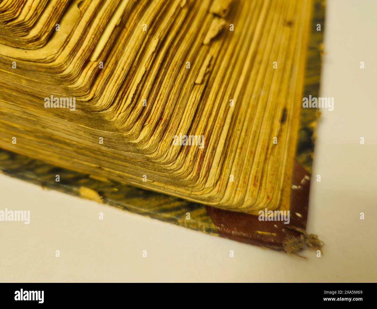Un vieux livre ouvert avec des pages exposées mis sur la table Banque D'Images