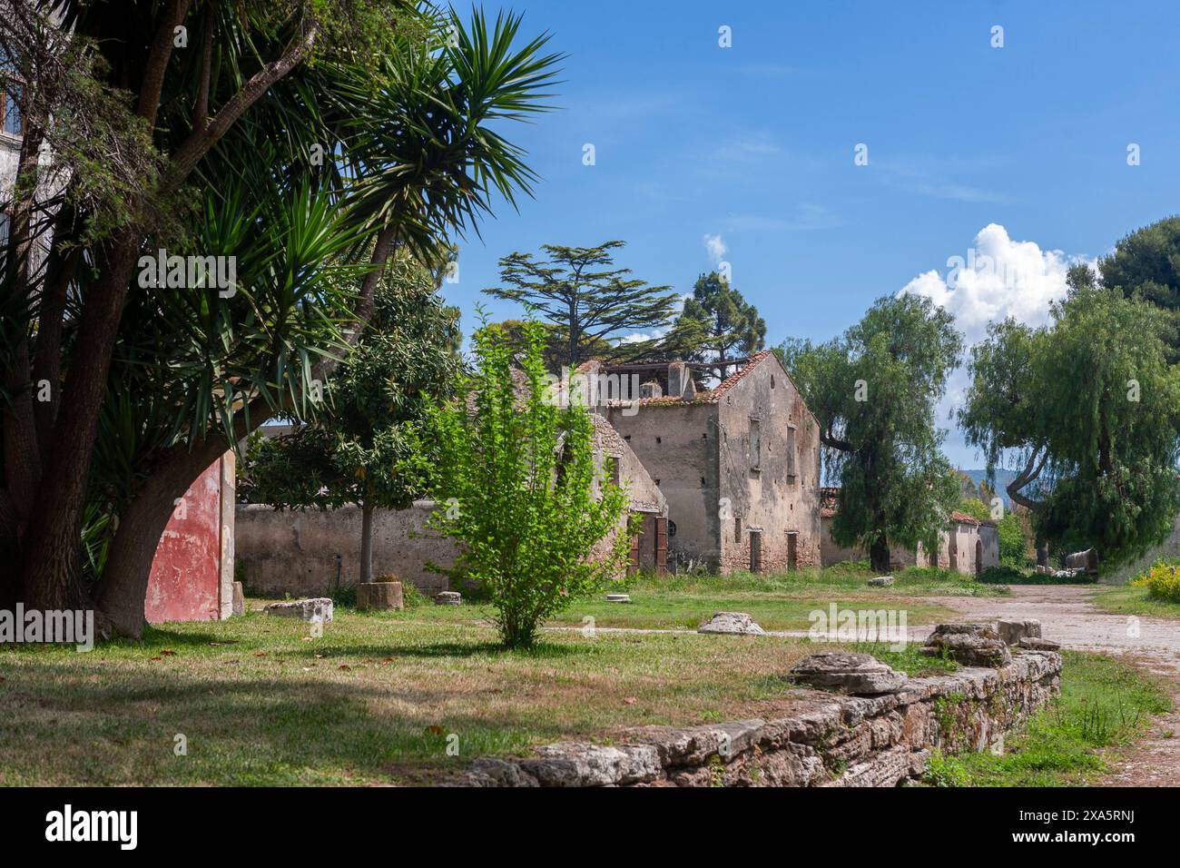 Bâtiments en ruines du XIXe siècle dans le parc de l'ancienne ville de Paestum, province de Salerne, Campanie, Italie Banque D'Images
