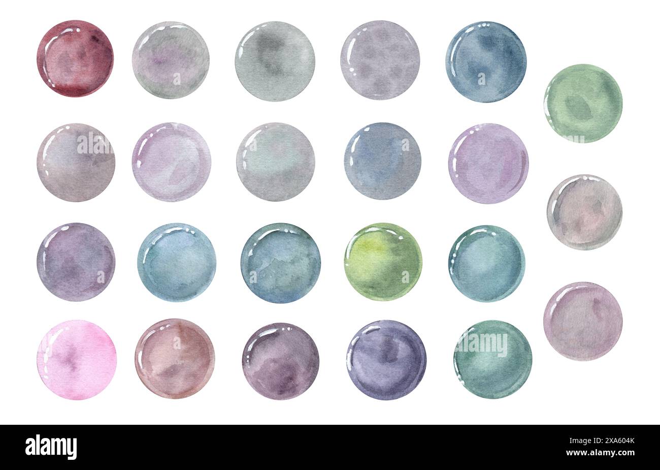 Ensemble de bulles translucides. Pois comme planètes ou bulle sous-marine. Cercle dans différentes couleurs. Style minimaliste créatif. Éclaboussures rondes de doodle Banque D'Images