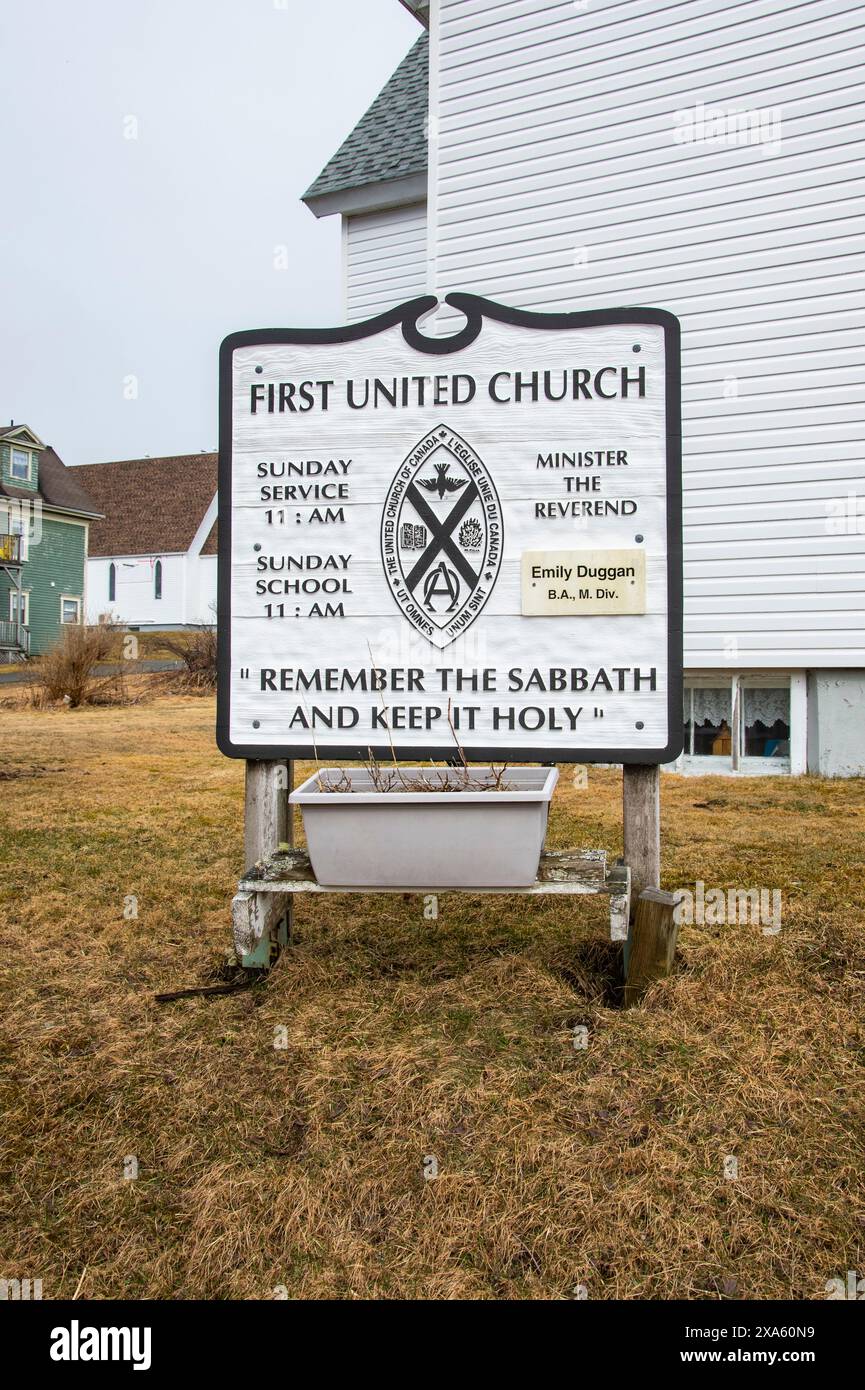 Première enseigne de l'Église unie à Louisbourg, Nouvelle-Écosse, Canada Banque D'Images