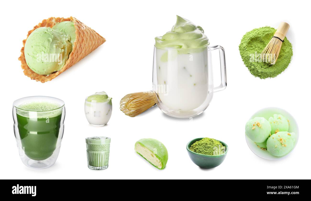 Ensemble de boissons matcha et desserts sur fond blanc Banque D'Images