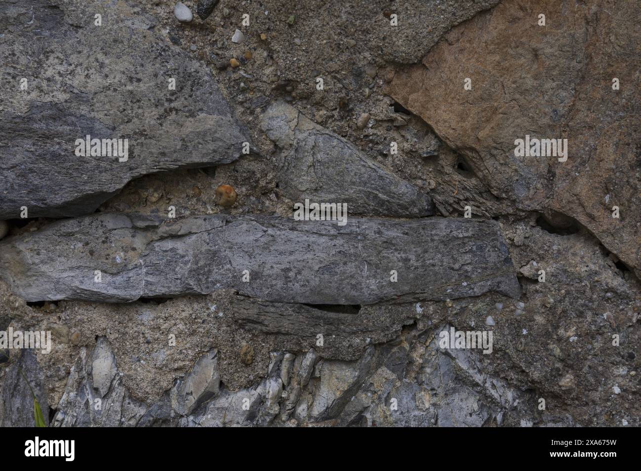 photo en gros plan d'une surface murale texturée en pierre gris foncé présentant des fissures et des éclats Banque D'Images