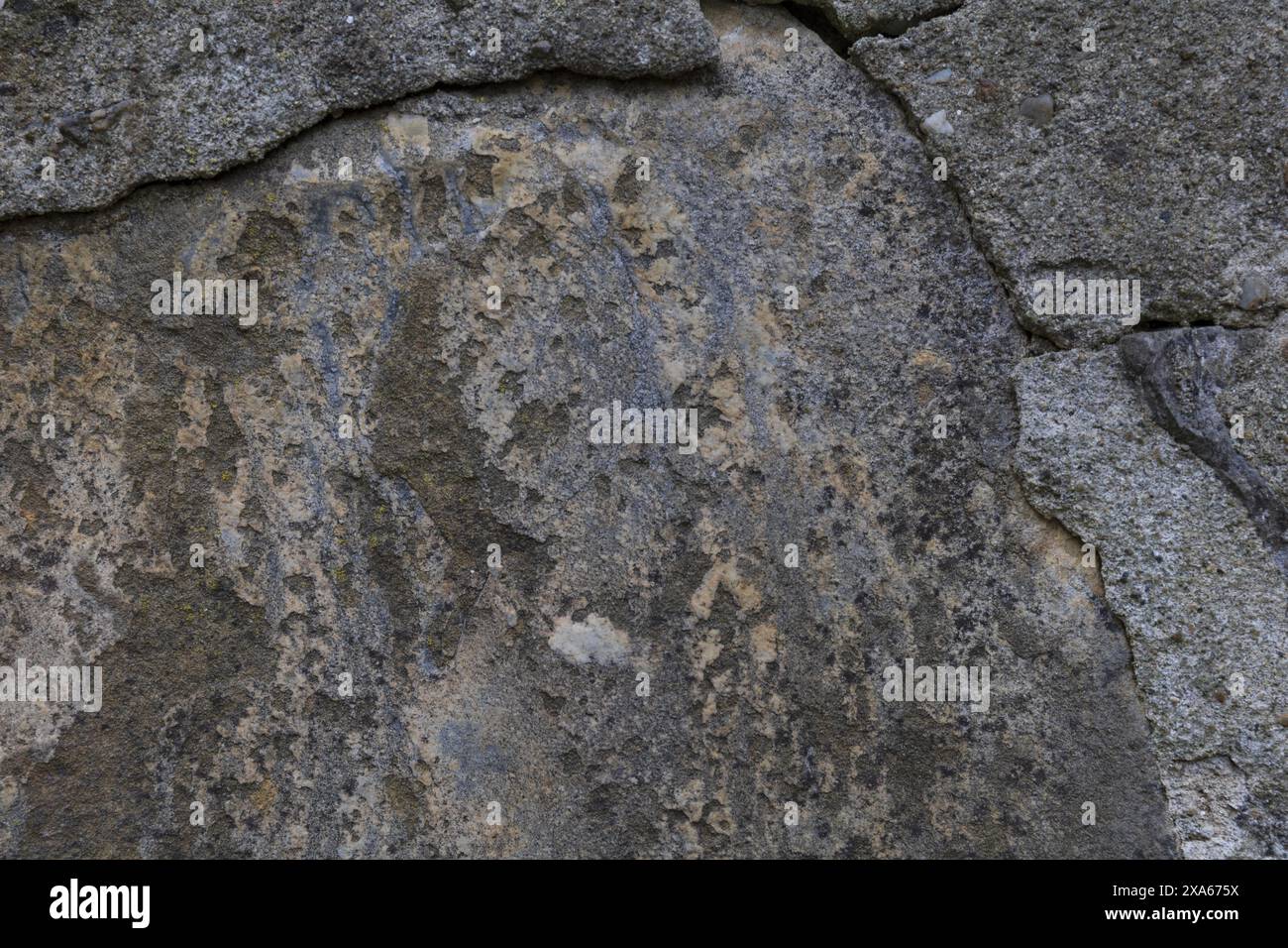 photo en gros plan d'une surface murale texturée en pierre gris foncé présentant des fissures et des éclats Banque D'Images