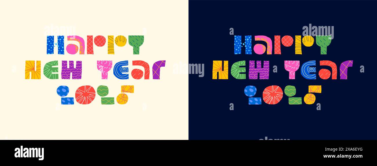 Bonne année 2025 inscription vacances d'hiver inscription concept de texte décoratif abstrait. Lettrage moderne de formes graphiques colorées. Logo créatif festif positif. Carte de voeux artistique de la veille de célébration. EPS Illustration de Vecteur