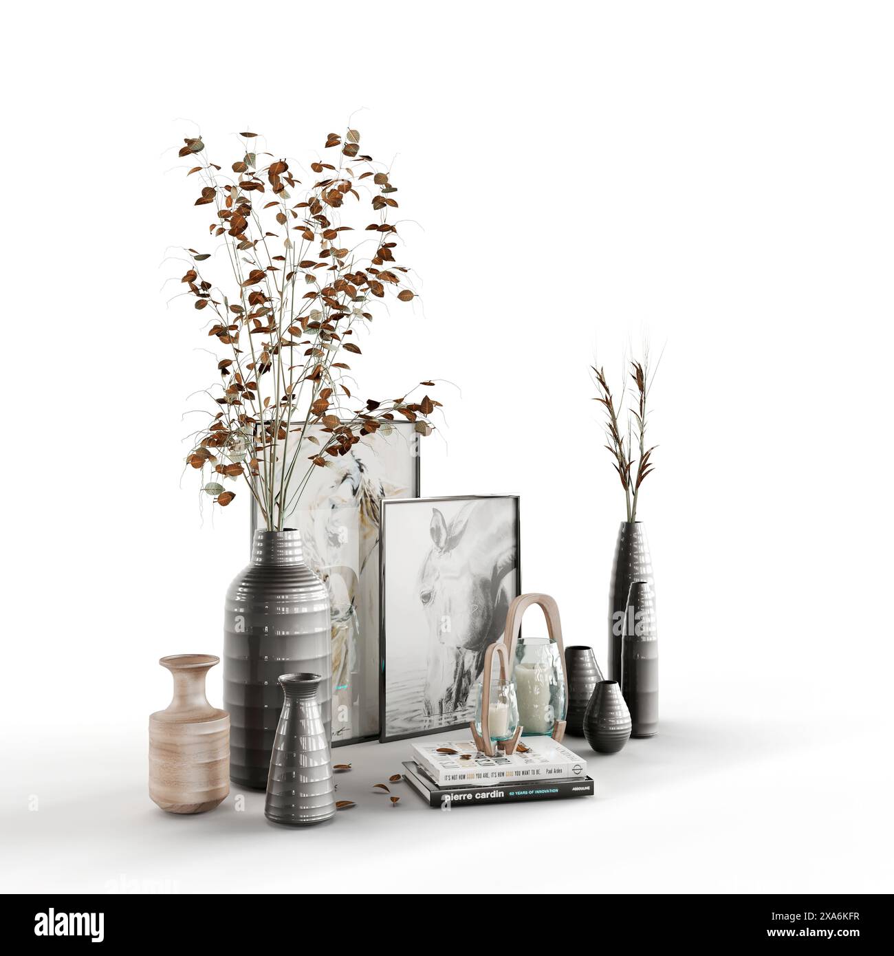 Un rendu 3D de vases avec des plantes, des livres, et une plante exposée. Banque D'Images