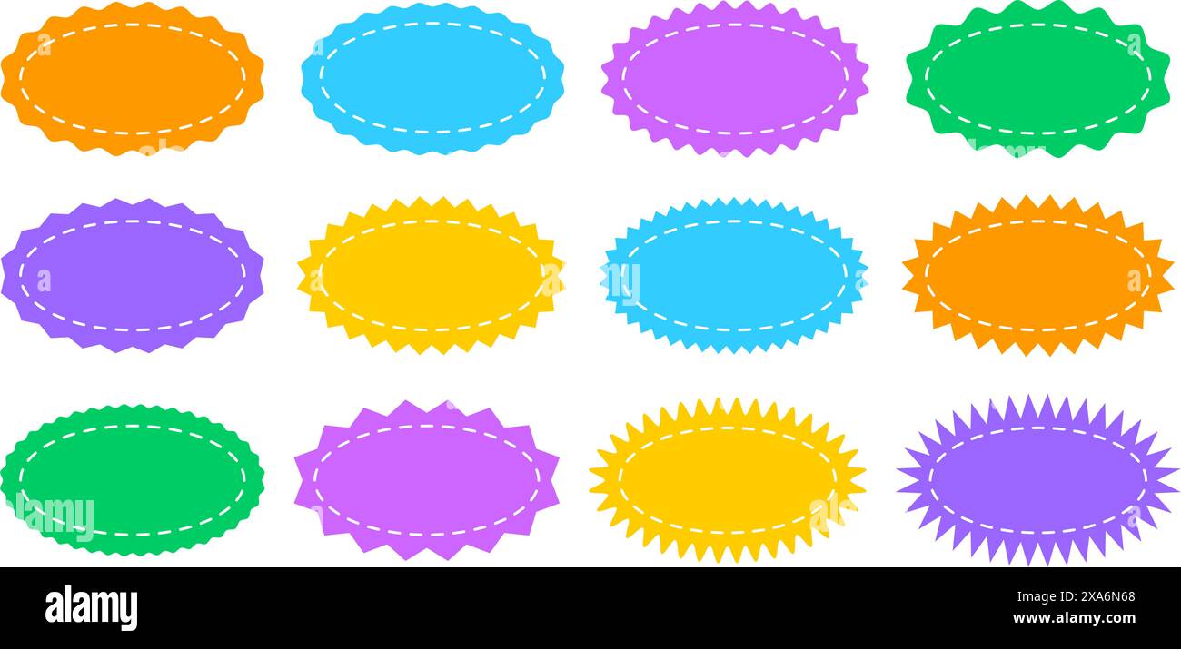 Formes ovales définies ou colorées avec des bordures courbes et zigzag et des lignes de couture. Prix vide, rabais, offre de vente, coupon, étiquettes de code promo. Bulles de dialogue, messages ou zones de texte. Illustration vectorielle plate Illustration de Vecteur