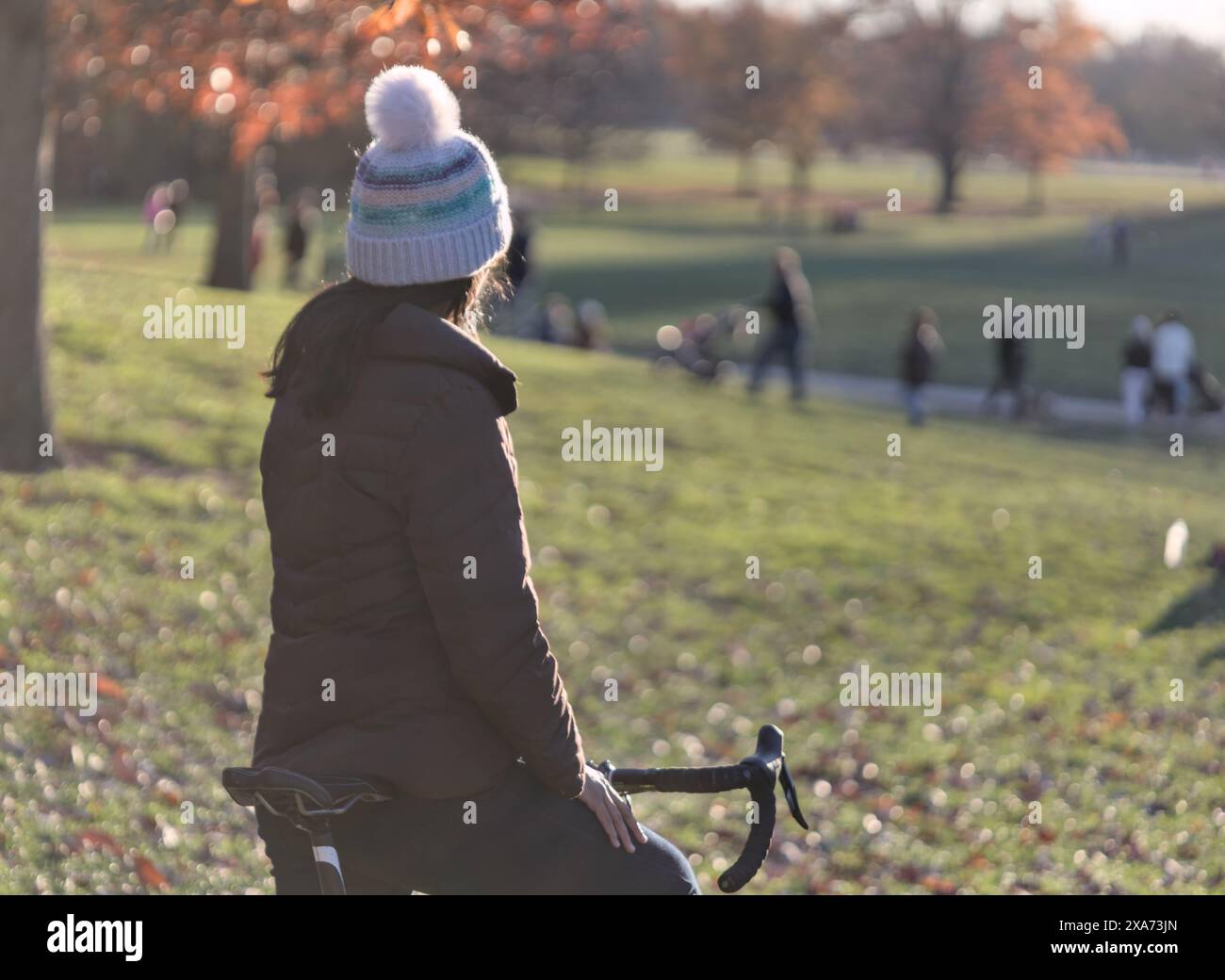 femme tenant le vélo regardant loin de la caméra dans le parc (habillé i chapeau d'hiver, veste bouffante brune, cheveux longs foncés) éruptions de soleil, brume, automne et hiver Banque D'Images