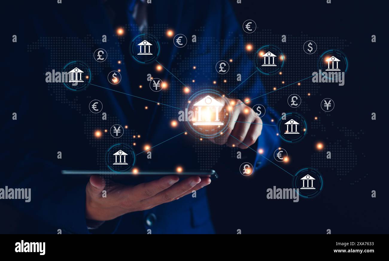 banque centrale et concept de monnaie internationale. Homme d'affaires échangeant dollar Yuan Yen Pound sterling et Euro pour forex et change mon Banque D'Images