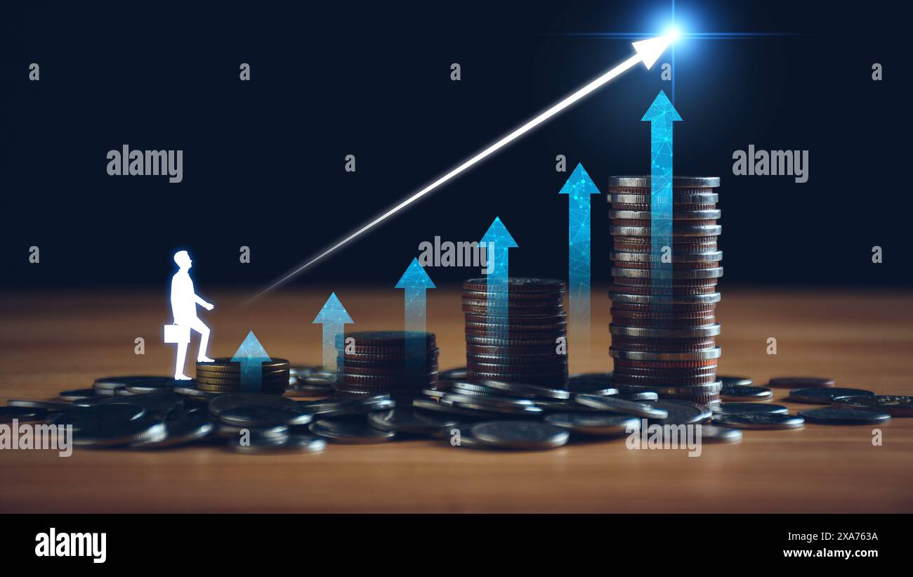 Concept de trading de fonds. Homme d'affaires planifiant des investissements à long terme, achetant des fonds communs de placement DCA, analysant les tendances économiques, volatilité des marchés boursiers, prise Banque D'Images