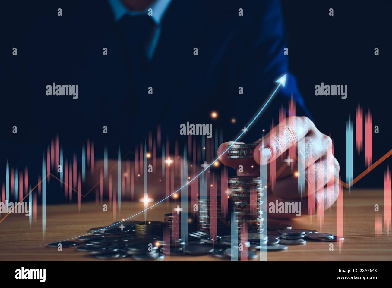 Concept de trading de fonds. Homme d'affaires planifiant des investissements à long terme, achetant des fonds communs de placement DCA, analysant les tendances économiques, volatilité des marchés boursiers, prise Banque D'Images