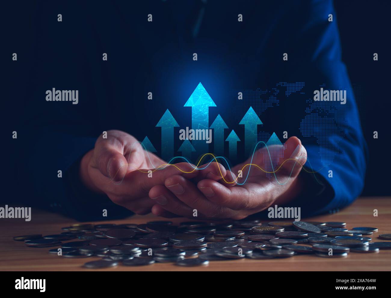 Concept de trading de fonds. Homme d'affaires planifiant des investissements à long terme, achetant des fonds communs de placement DCA, analysant les tendances économiques, volatilité des marchés boursiers, prise Banque D'Images