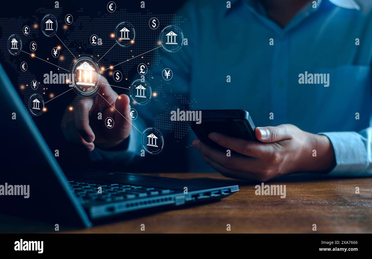 banque centrale et concept de monnaie internationale. Homme d'affaires échangeant dollar Yuan Yen Pound sterling et Euro pour forex et change mon Banque D'Images
