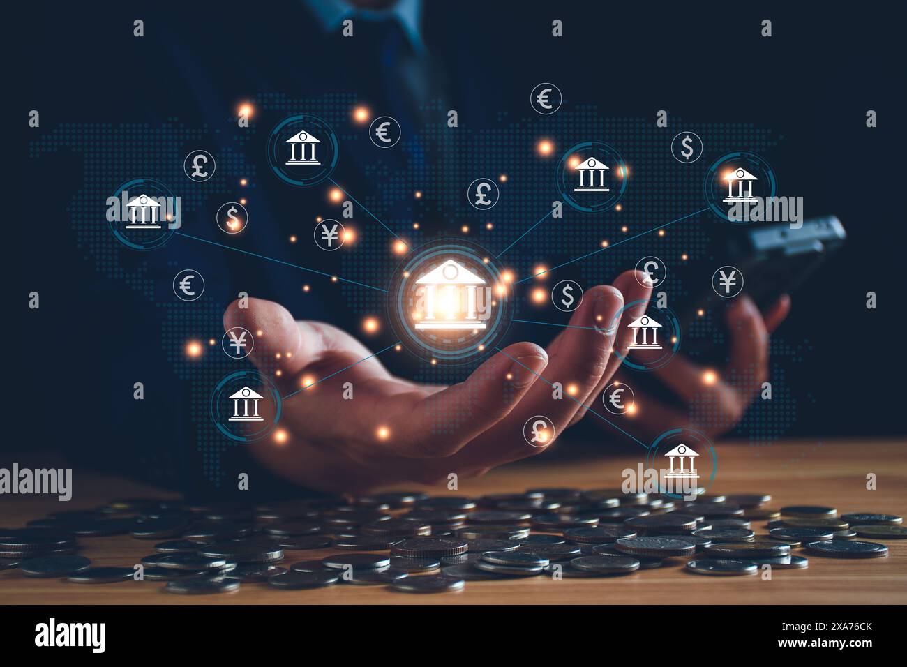 banque centrale et concept de monnaie internationale. Homme d'affaires échangeant dollar Yuan Yen Pound sterling et Euro pour forex et change mon Banque D'Images