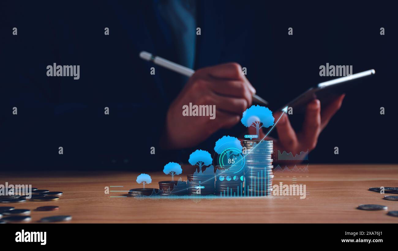 Concept de trading de fonds. Les taux d'intérêt continuent d'augmenter. Homme d'affaires planifiant des investissements à long terme, les affaires continuent de croître, volati de marché boursier Banque D'Images