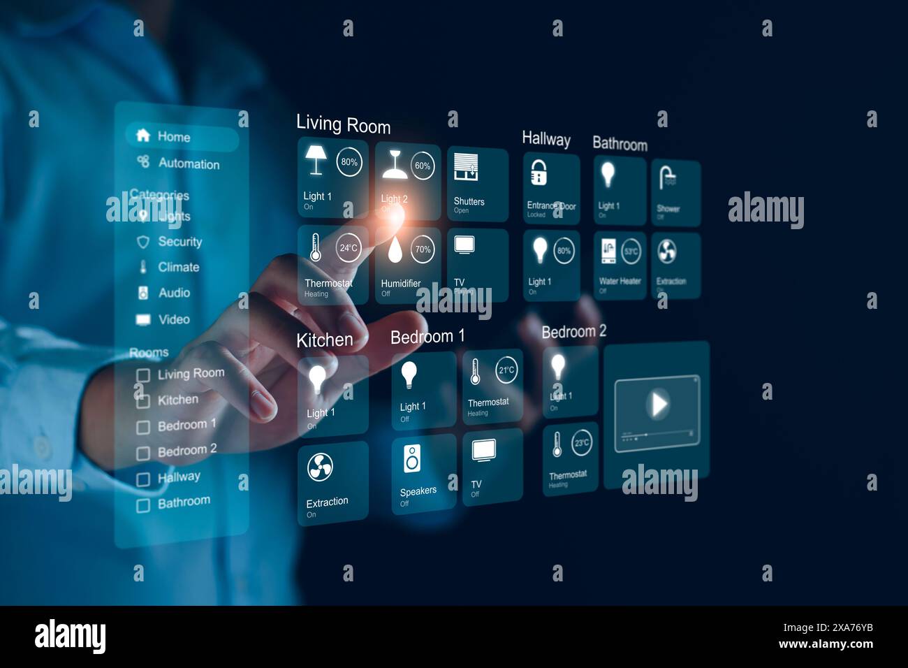 L'interface du tableau de bord Smart Home contrôle les appareils connectés et configure les automatisations. Écran virtuel futuriste HUD au-dessus de la tablette numérique. Assistan Banque D'Images
