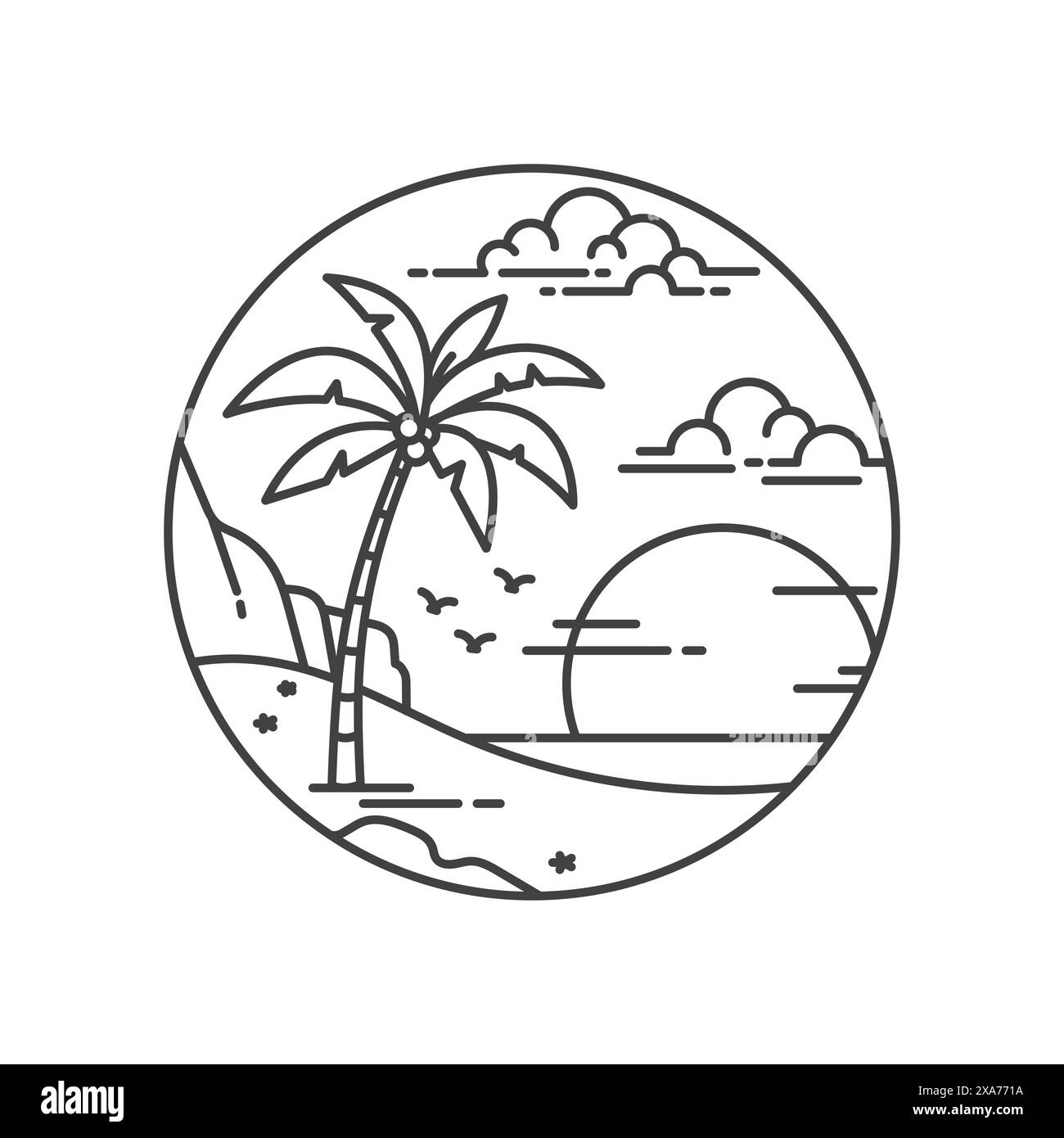 Art de ligne d'été de palmiers et coucher de soleil. a une atmosphère calme et relaxante Illustration de Vecteur