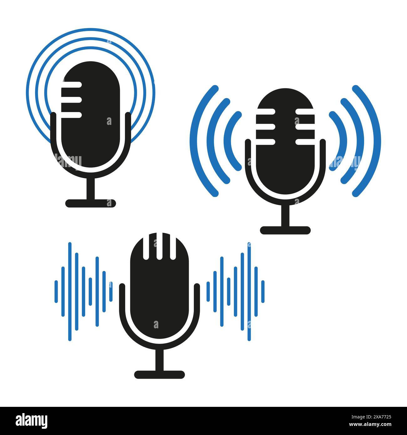 Icônes audio du microphone. Ondes sonores bleues. Microphone noir. Symboles de diffusion. Illustration de Vecteur