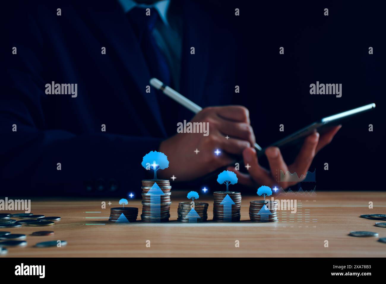 Concept de trading de fonds. Les taux d'intérêt continuent d'augmenter. Homme d'affaires planifiant des investissements à long terme, les affaires continuent de croître, volati de marché boursier Banque D'Images