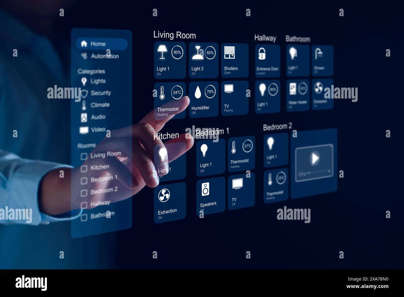L'interface du tableau de bord Smart Home contrôle les appareils connectés et configure les automatisations. Écran virtuel futuriste HUD au-dessus de la tablette numérique. Assistan Banque D'Images