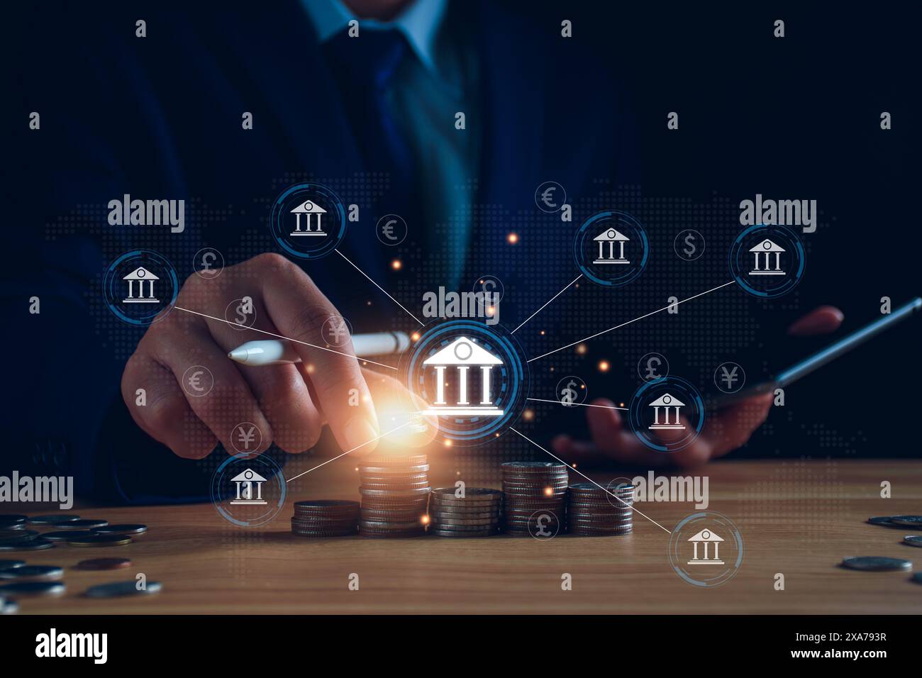 banque centrale et concept de monnaie internationale. Homme d'affaires échangeant dollar Yuan Yen Pound sterling et Euro pour forex et change mon Banque D'Images