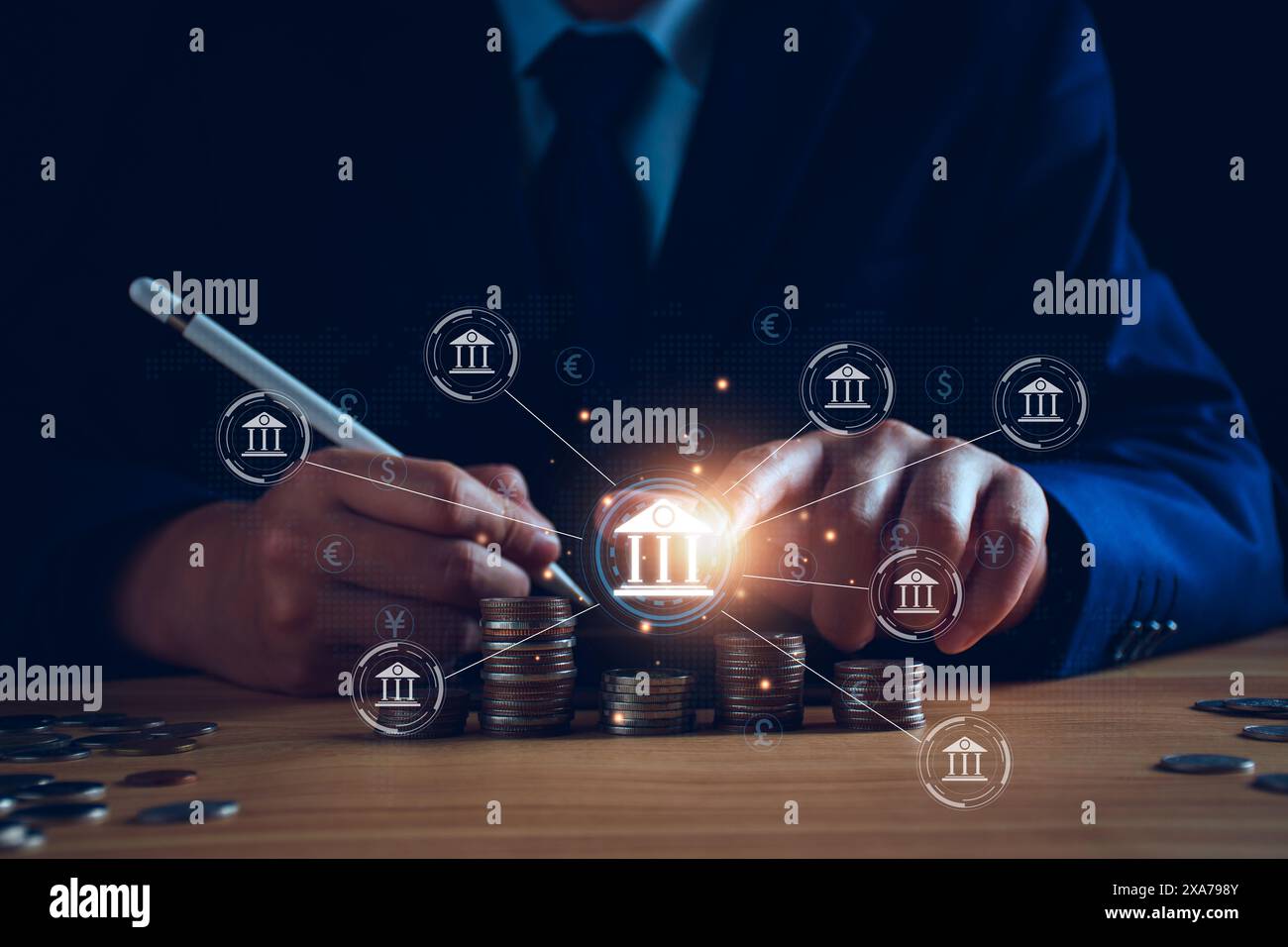 banque centrale et concept de monnaie internationale. Homme d'affaires échangeant dollar Yuan Yen Pound sterling et Euro pour forex et change mon Banque D'Images