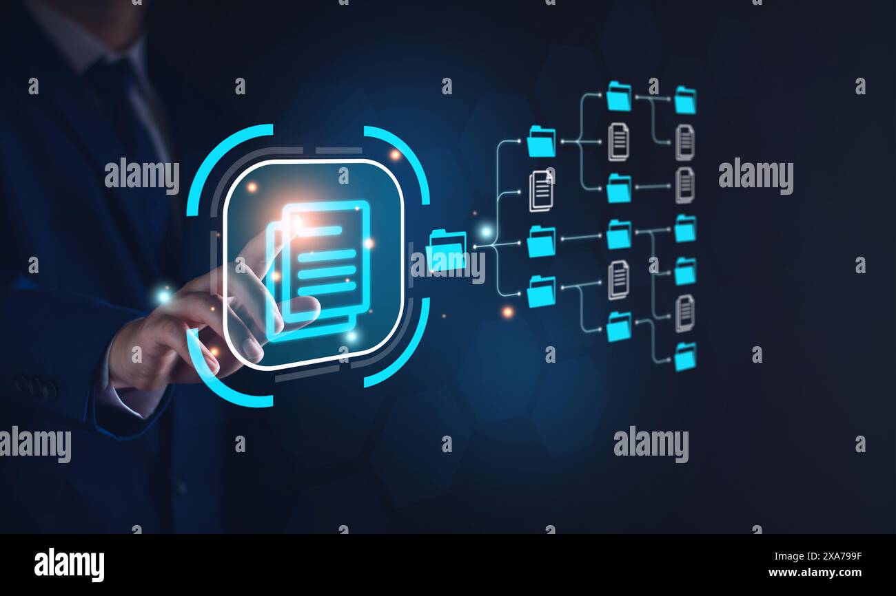 Système de gestion des documents, DMS et technologie d'automatisation des systèmes de processus métier. Touchez l'icône du document sur l'écran virtuel. Données de stockage de fichiers Banque D'Images