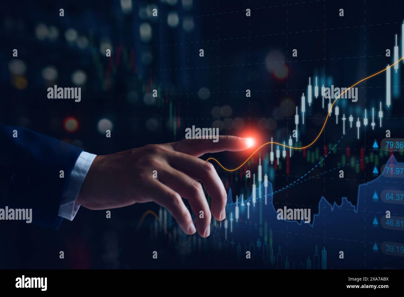 Marché boursier ou graphique de trading forex et graphique de chandelier approprié pour le concept d'investissement financier. Homme d'affaires analysant les tendances de l'économie contexte f Banque D'Images