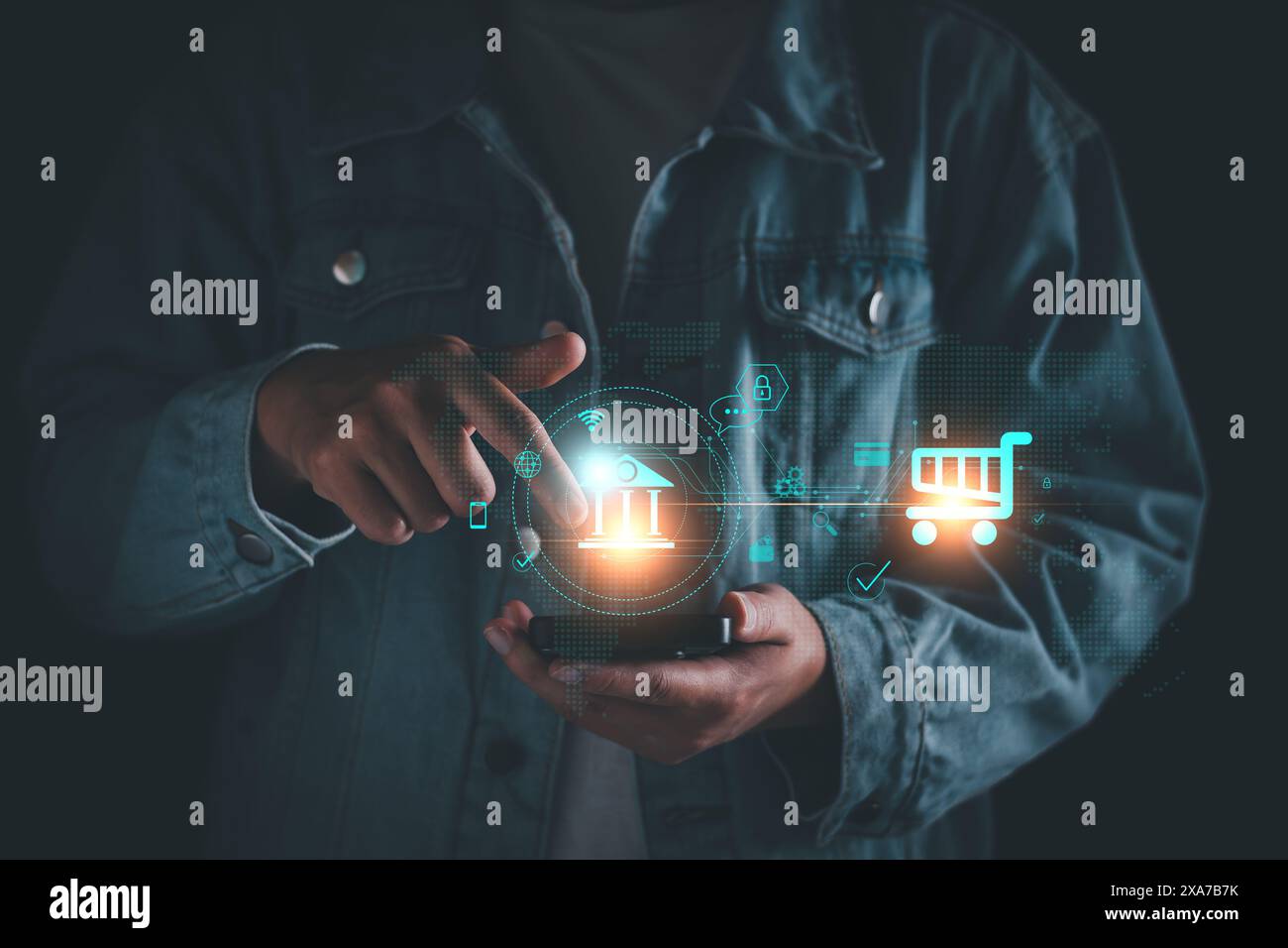 Homme utilisant smartphone mobile pour les services bancaires en ligne, achats en ligne, change de devises et paiement par Internet, Finance et banque sur réseau, BA central Banque D'Images